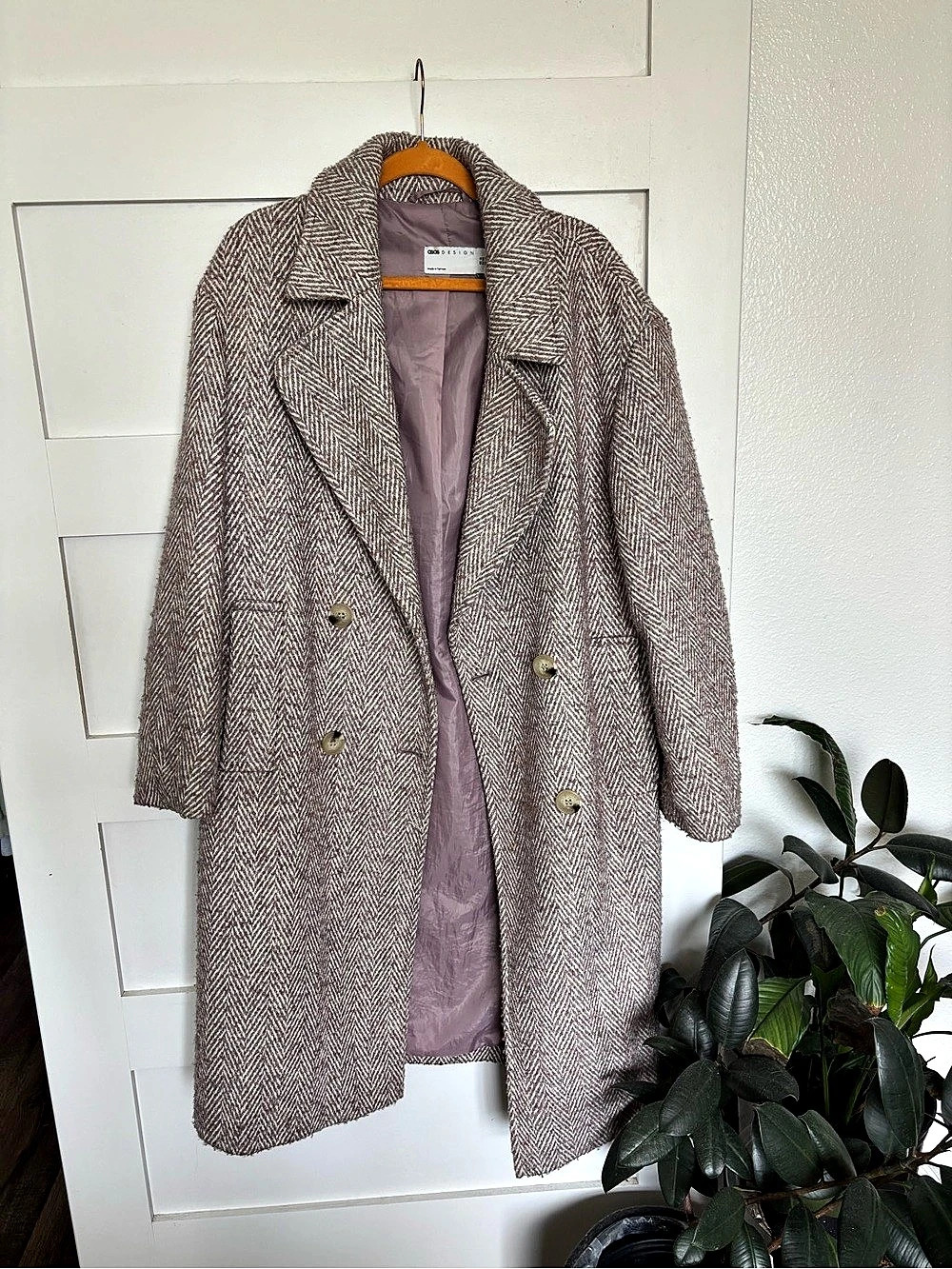 ASOS Herringbone Wool Coat in Pink & White US 6 Like New